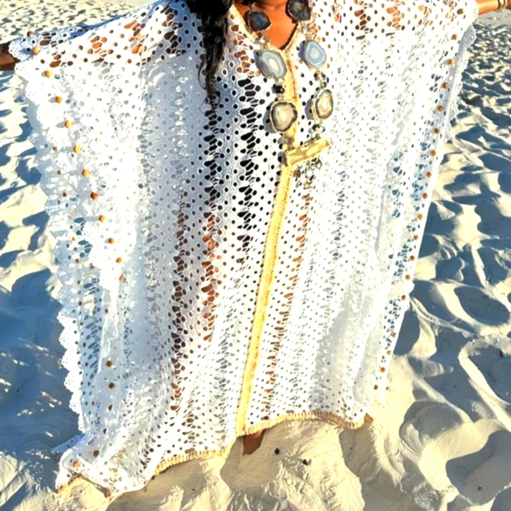 ✨️Bohemian Vibes✨️  Limited quantities! Ecru Crochet Kaftan w/ Wooden Beads - Picture 12 of 17